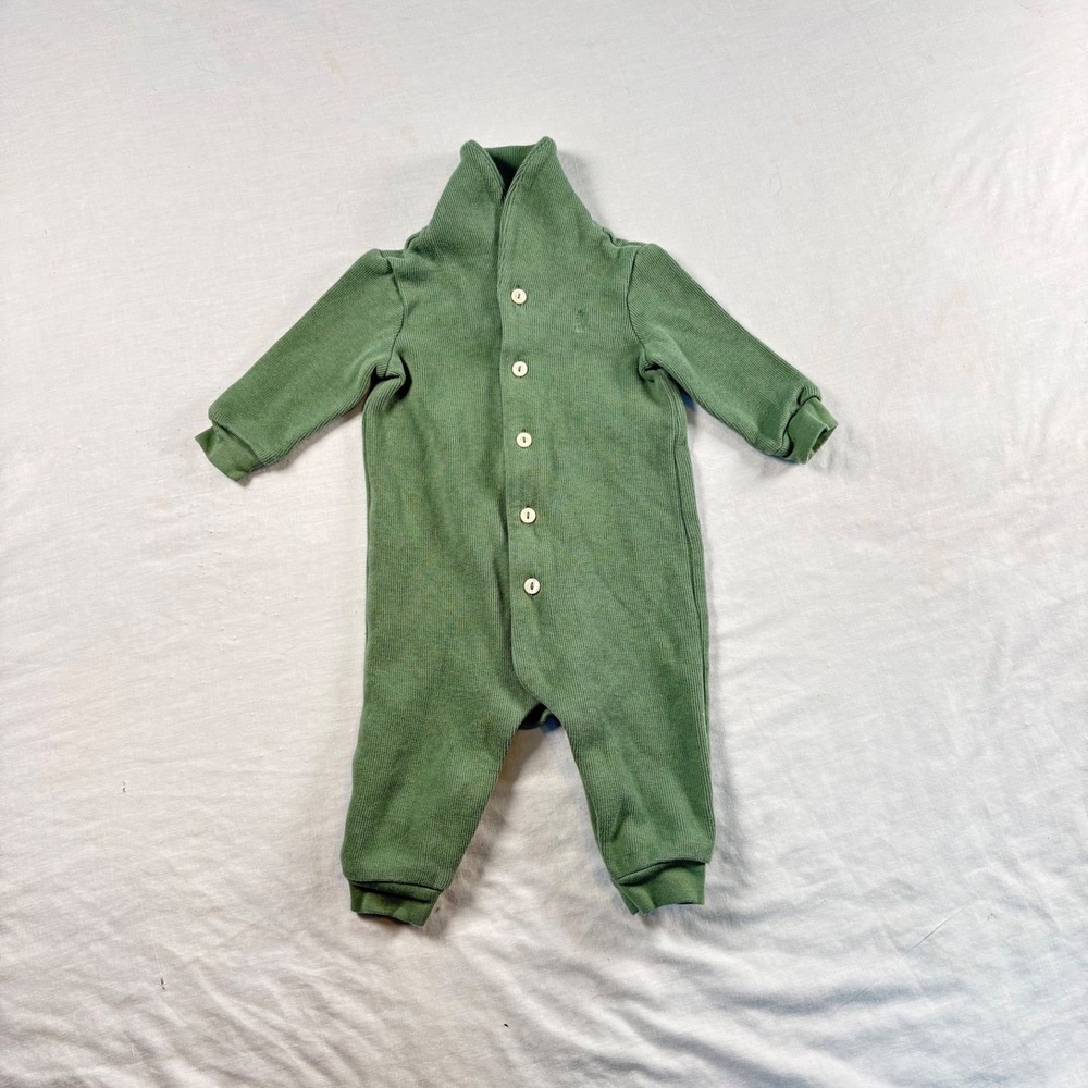 Ralph Lauren Ribbed Knit Coverall Baby‎ 6M Green Excellent Shawl Collar Romper